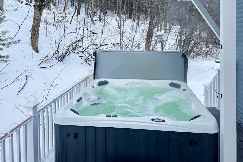 Hot tub bubbling on a bright winter day